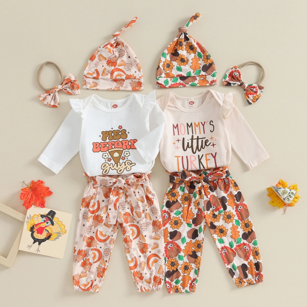 Girl Thanksgiving Long Sleeve Romper Pants Hat Bow Headband Outfit