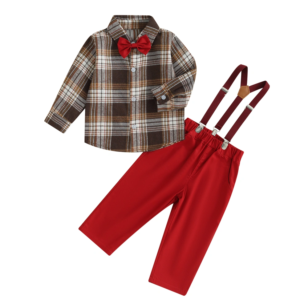 Boy 2 Piece Suit Plaid Button Shirt with Bow Tie and Suspenders Pants