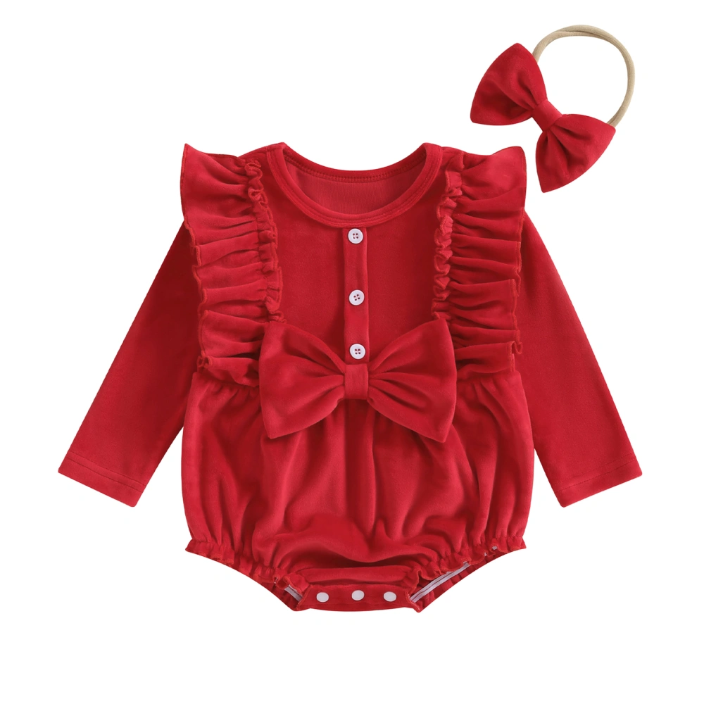 Baby Girls Christmas Long Sleeve Ruffle Button Romper with Headband