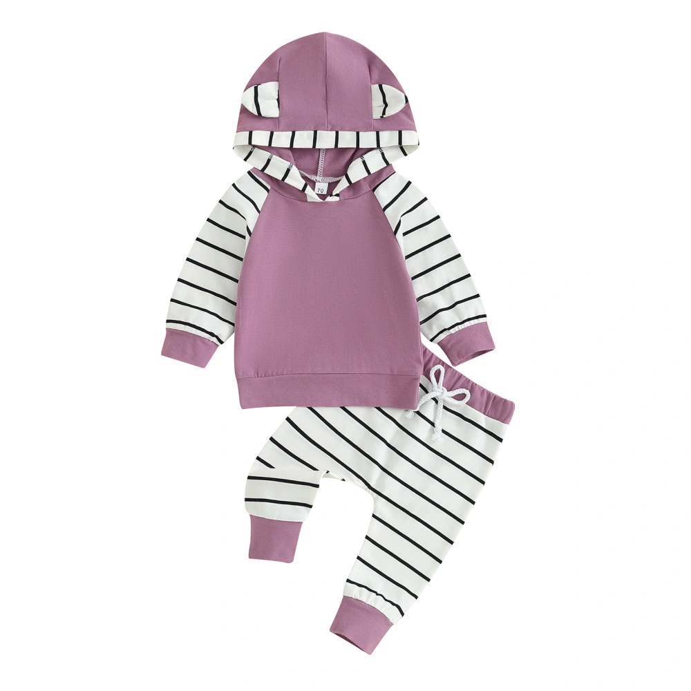 Baby Girls Long Sleeve Contrast Color Hoodie Tops Striped Pants Sets