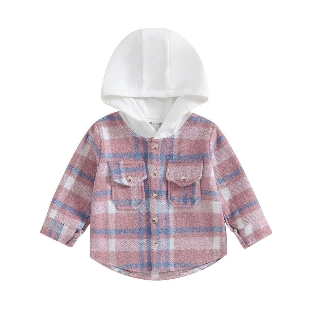 Boys Autumn Long Sleeve Button Down Plaid Hooded Coat with Pockets