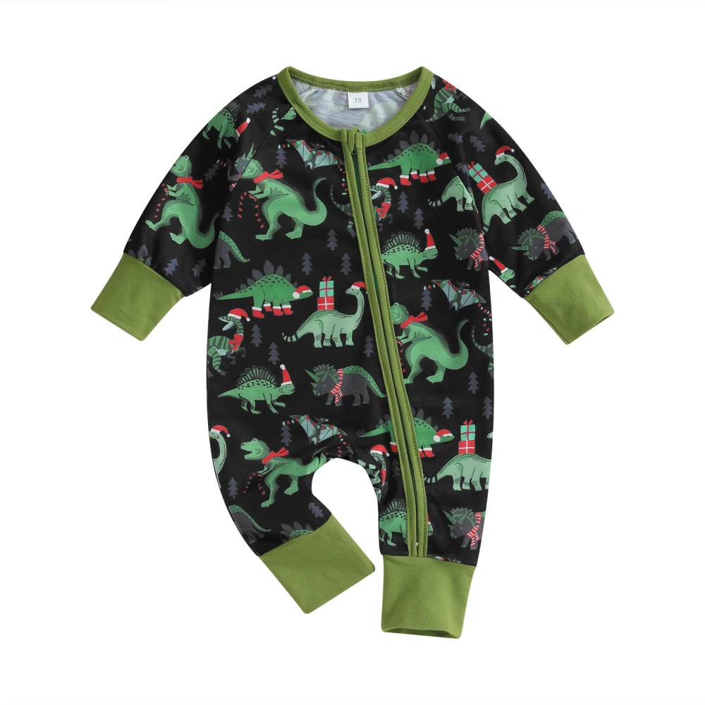 Baby Christmas Dinosaur Print Jumpsuit, Zip Front Long Sleeve Romper