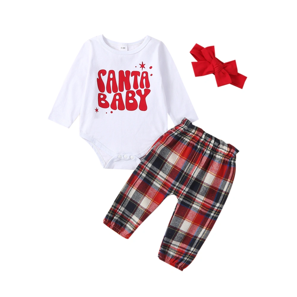 Baby Girls Christmas Outfit, Letters Print Romper Plaid Pants Headband