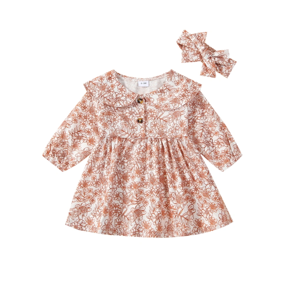 Baby Girl 2-piece Outfit, Doll Collar Flower Print Dress with Headband