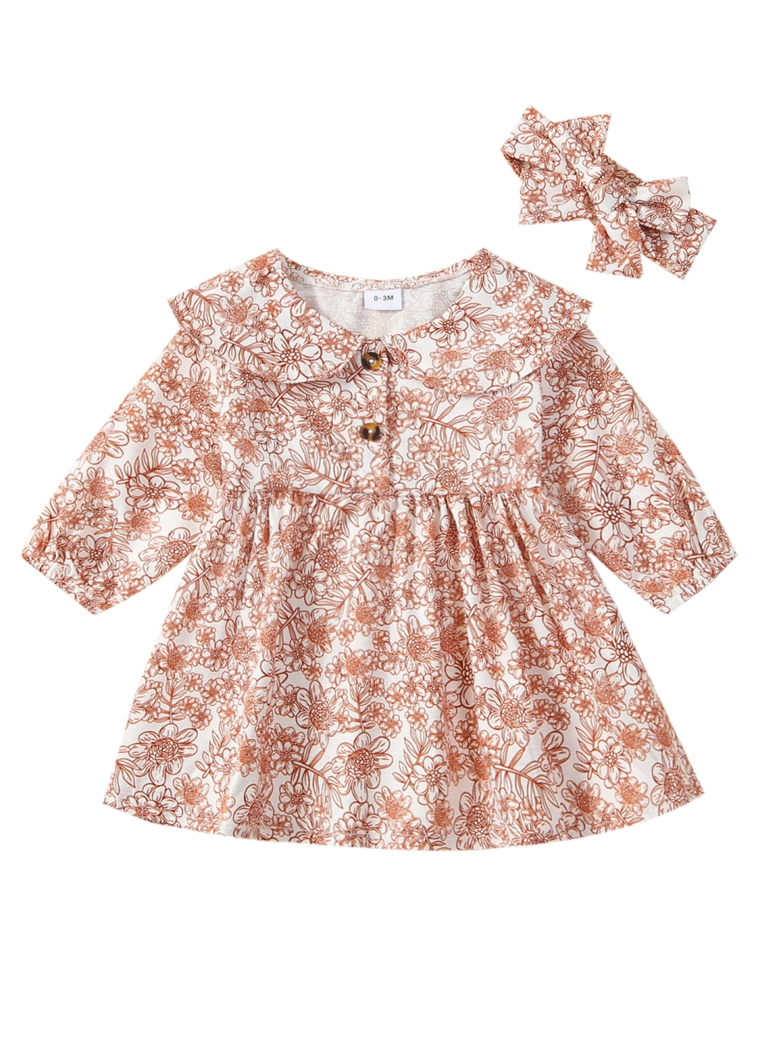 Baby Girl 2-piece Outfit, Doll Collar Flower Print Dress with Headband