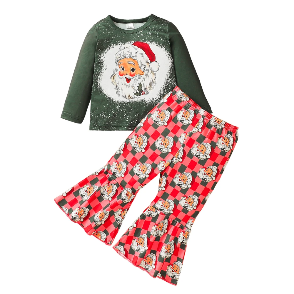 Baby Girl 2Pcs Christmas Outfits Santa Print Tops + Checkerboard Pants