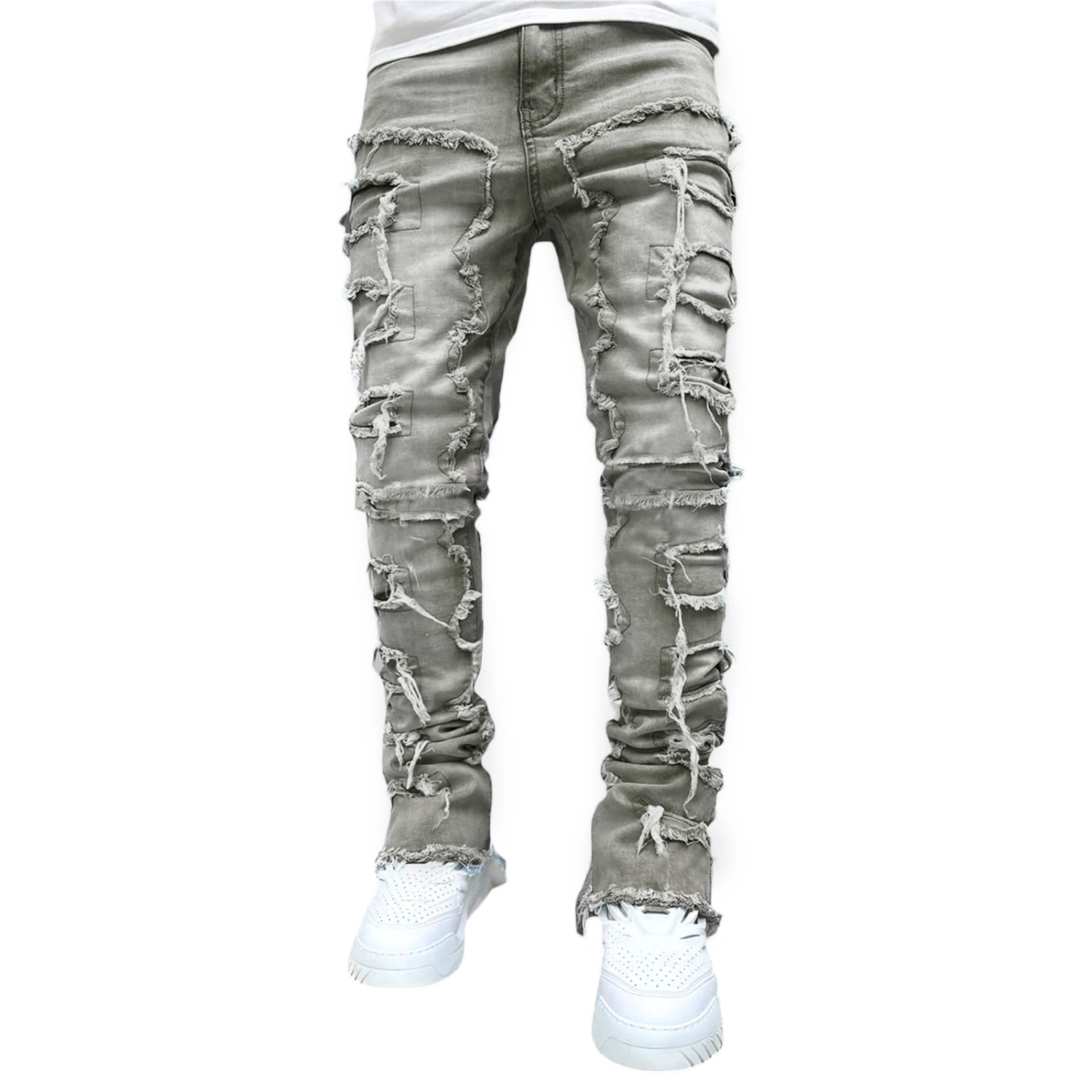 Men Skinny Pants Vintage Patch Frayed Denim Pants with Pockets