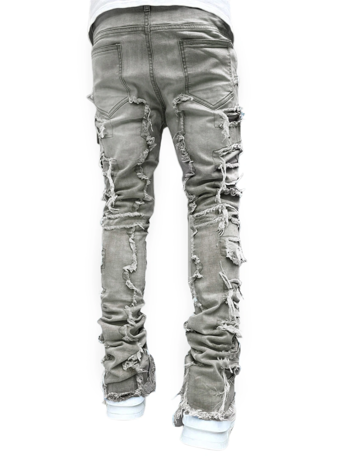 Men Skinny Pants Vintage Patch Frayed Denim Pants with Pockets