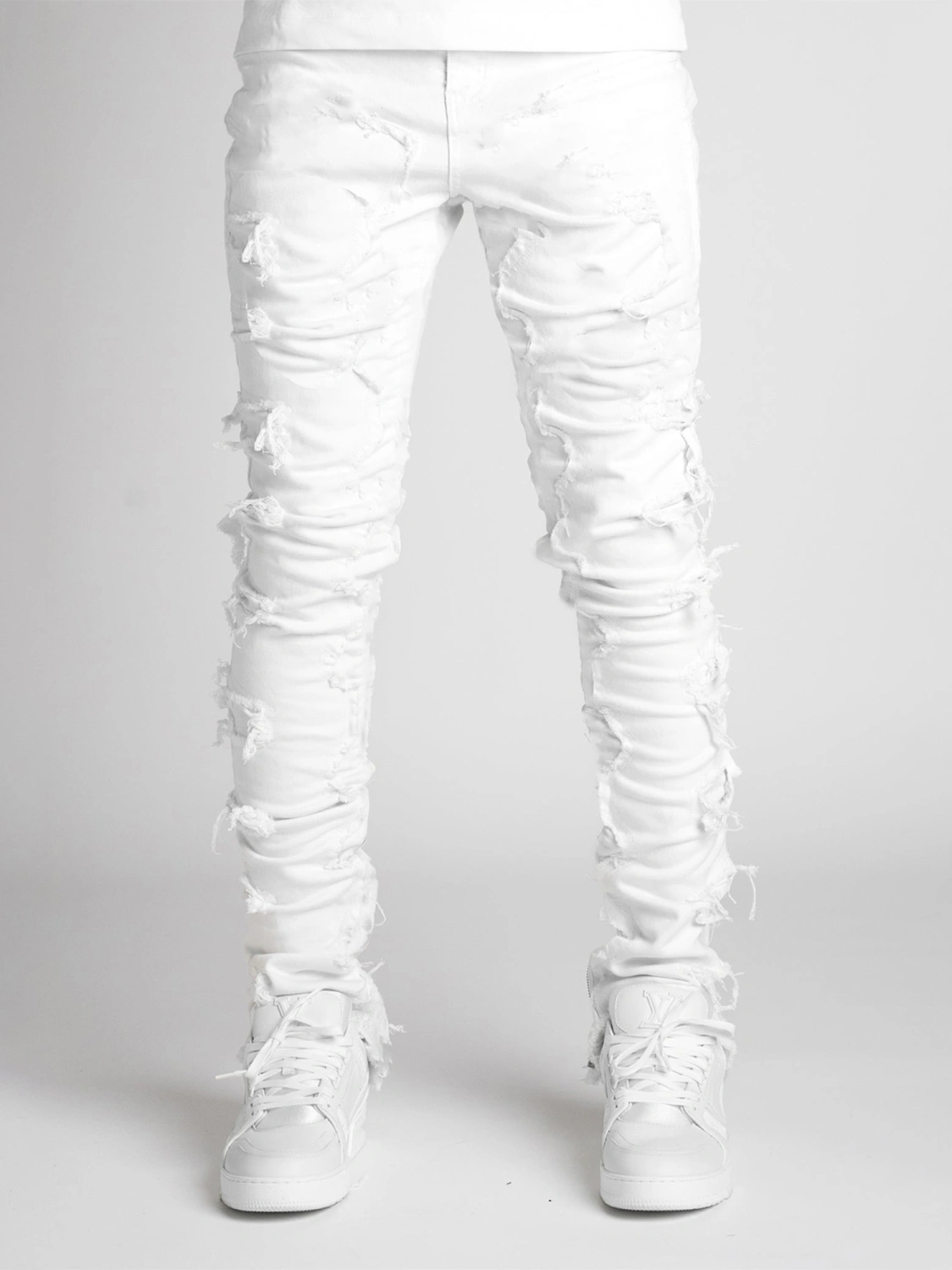 Men Skinny Pants Vintage Patch Frayed Denim Pants with Pockets