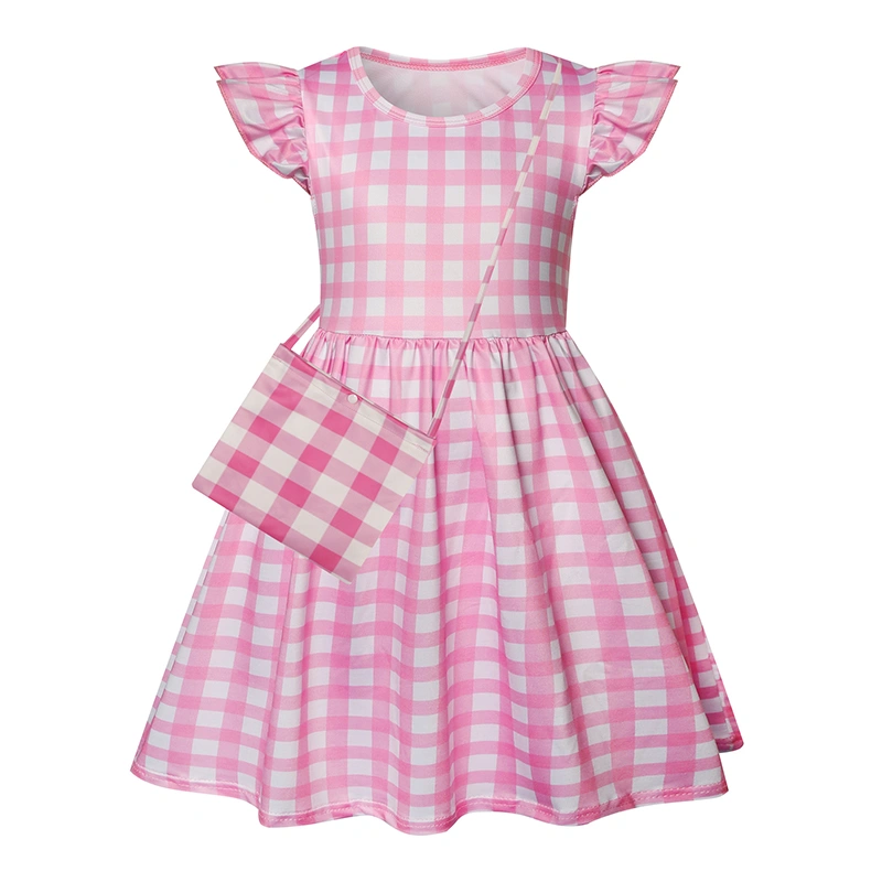 Girls Pink Flying Sleeve Crew Neck Plaid Dresses with Crossbody Bag