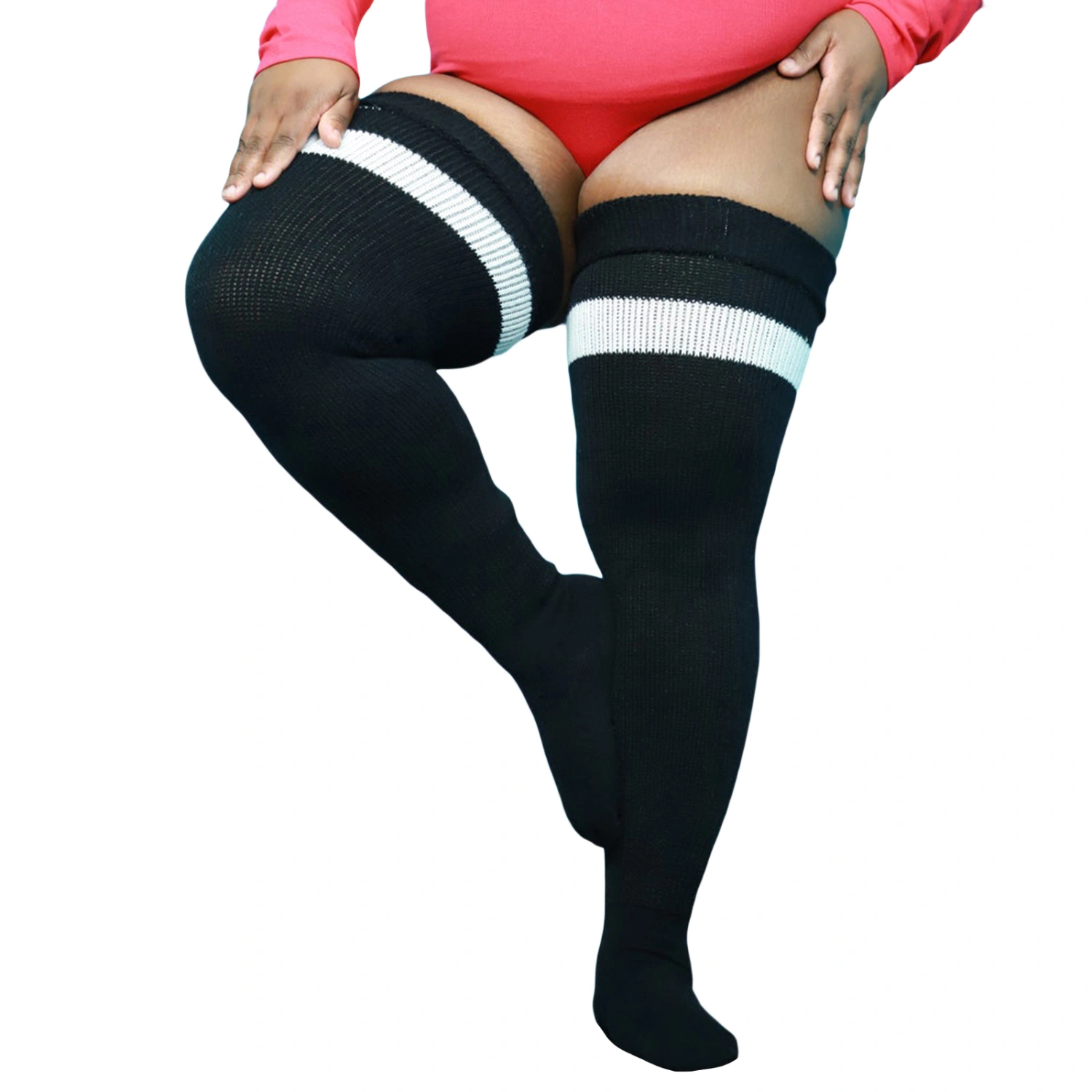 Women's Knit Thigh High Socks, Contrast Stripe Plus Size Stockings