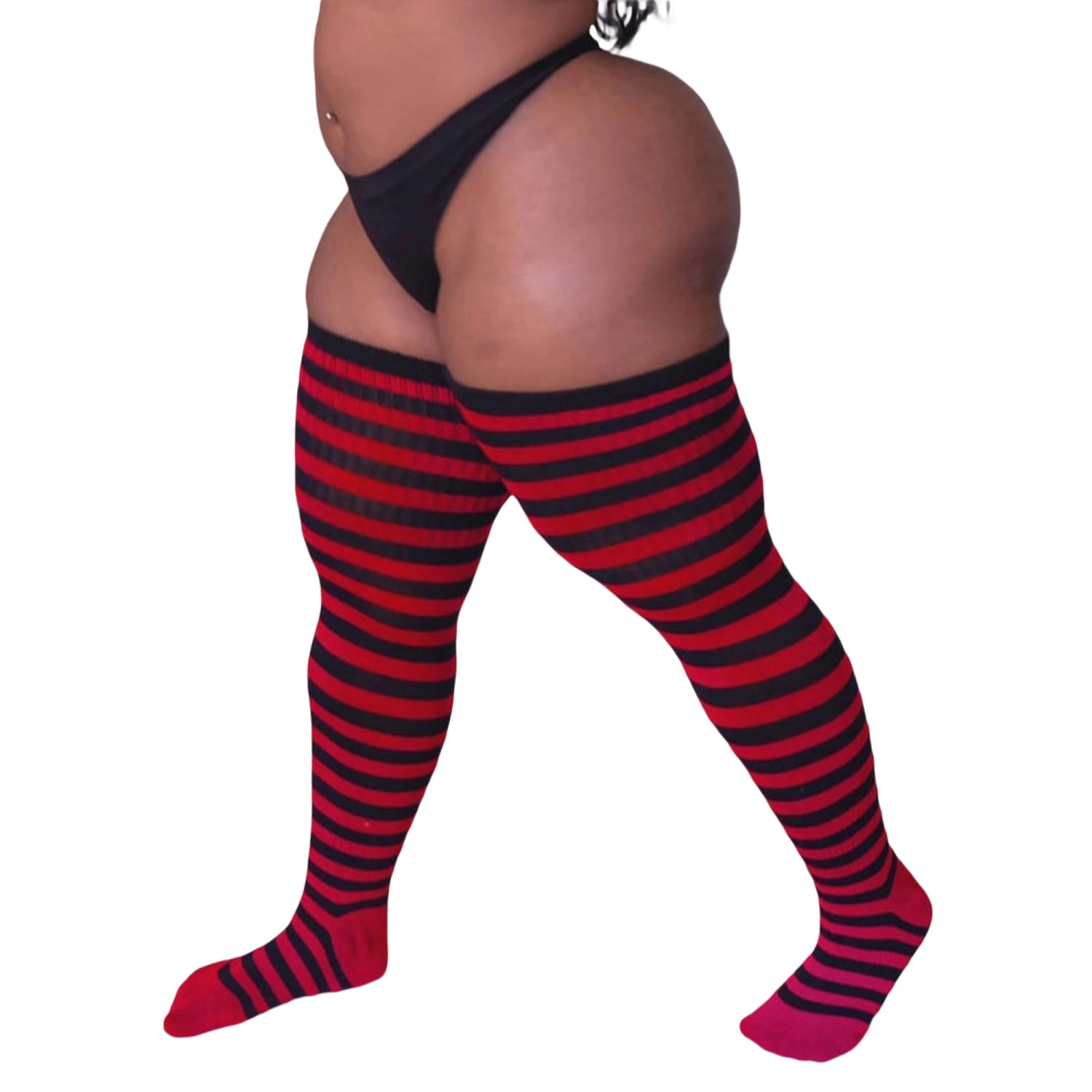 Women's Knit Thigh High Socks, Contrast Stripe Plus Size Stockings