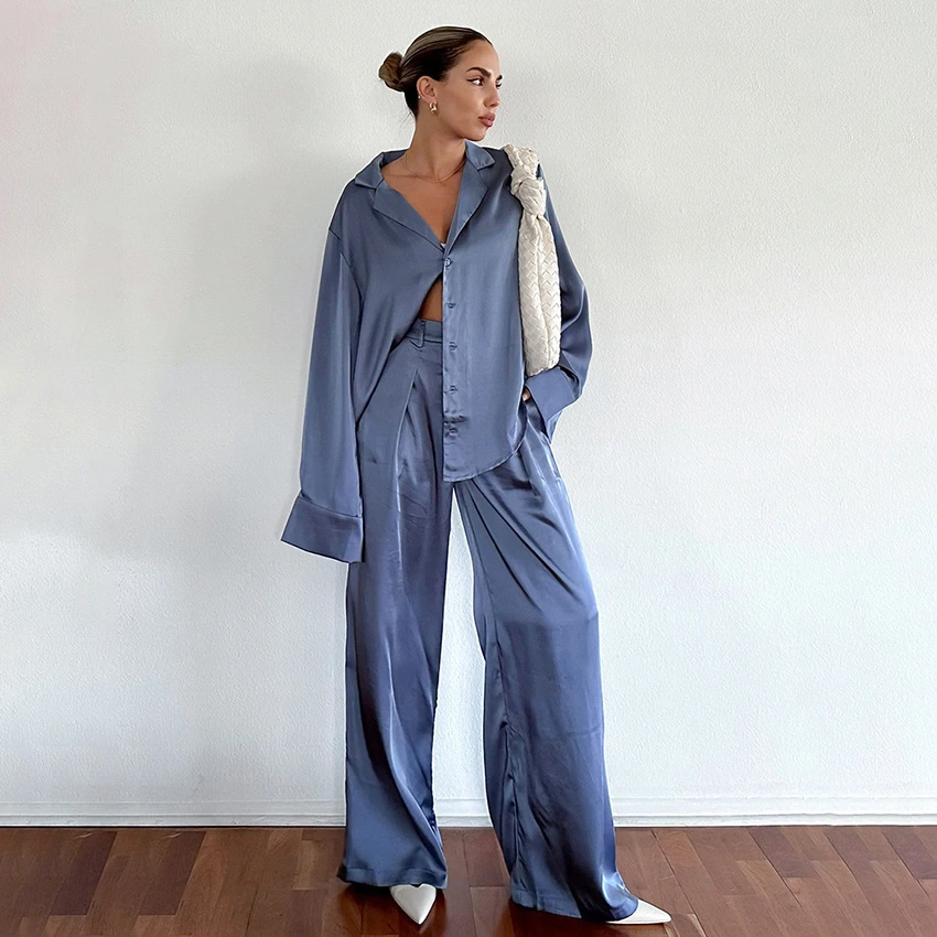 Women's Fashion Casual Satin Long Sleeve Shirt High Waist Wide Leg Pants Suit