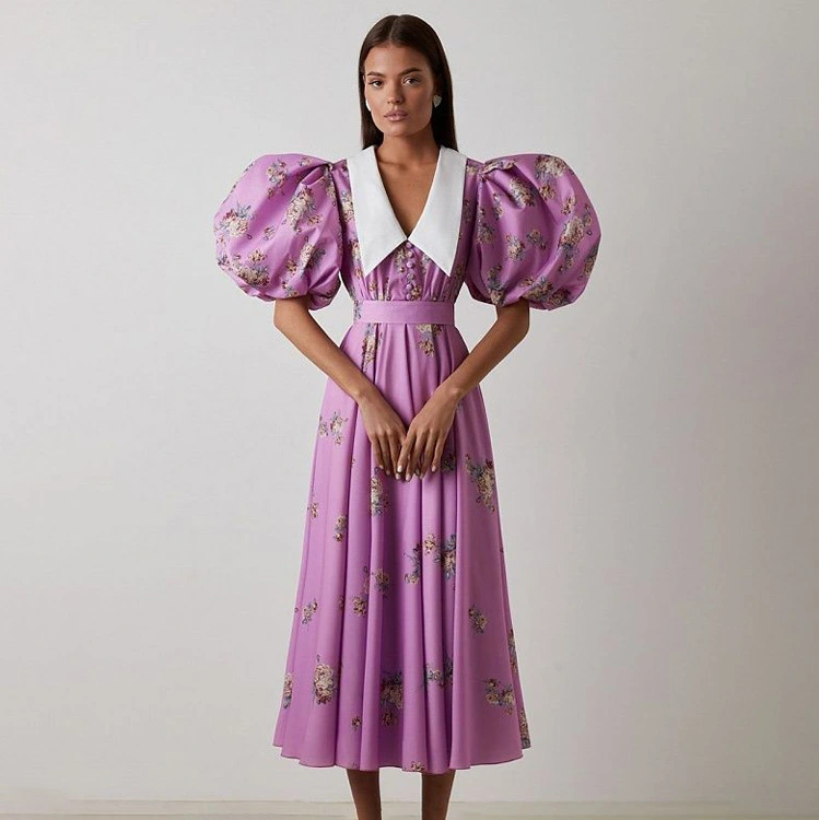 French Style Design Short Sleeve Long Dress Doll Collar Dress
