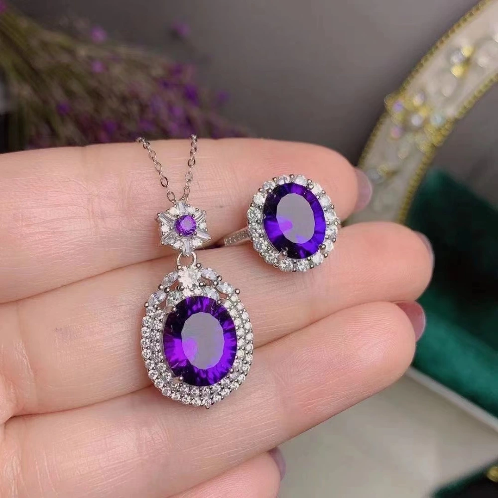 925 Silver Inlaid Natural Amethyst Set Heart-shaped Water Drop Multi-specification Delivery