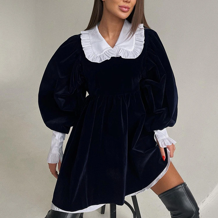French Style Doll Collar Fashion Casual Velvet Black Dress Dress