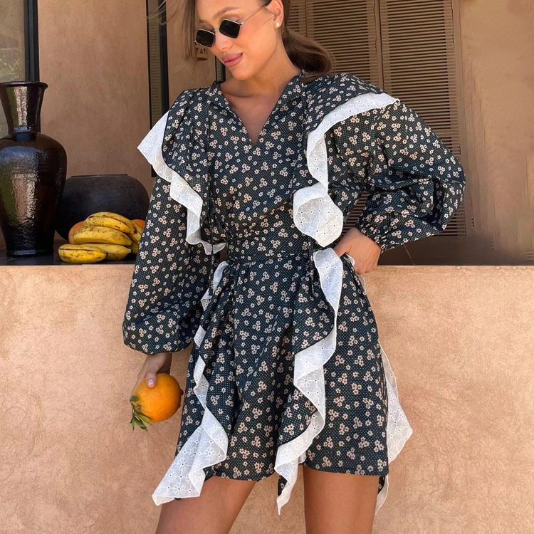 Women's Ruffled Stitching Long-sleeved Printed Dress