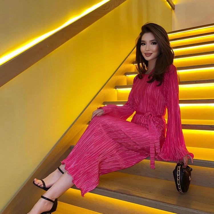 Round Neck Tied Flared Long Sleeve Pleated Dress