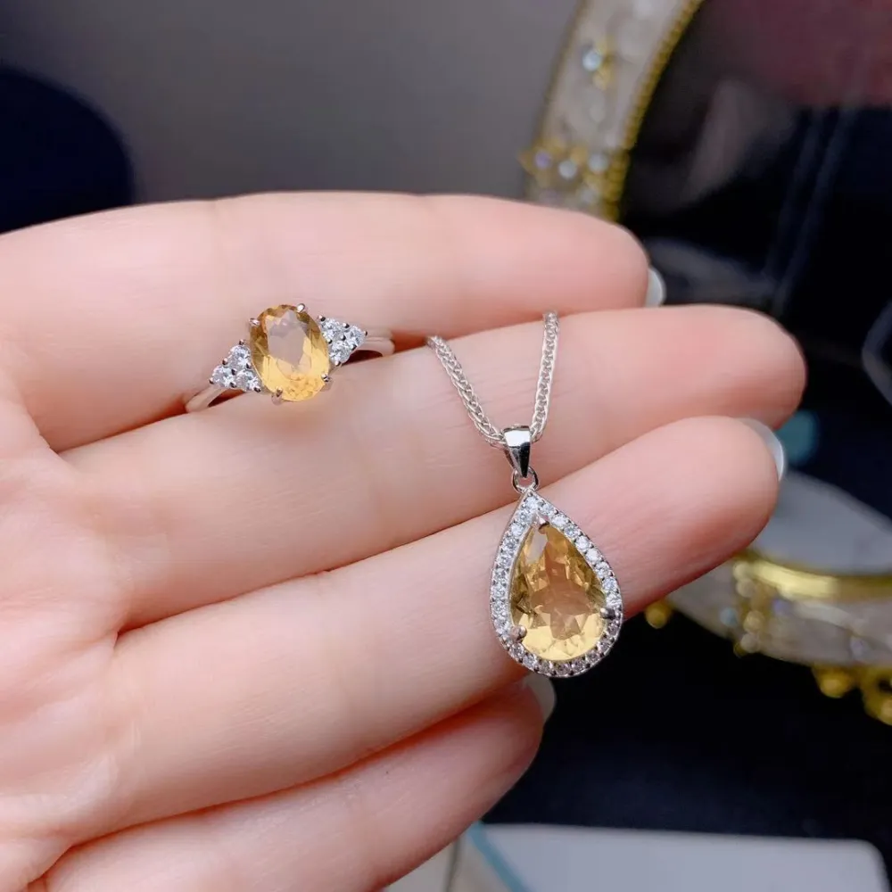 Natural Citrine Set 925 Silver Inlaid Rings Pendants Two-piece Set Wholesale Fashion Colored Gems Ornament