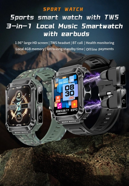 2 in 1 Smart Watch with Earbuds,MP3 ,Voice Recorder, Call, Fitness Tracker with Blood Oxygen Heart Rate Sleep Monitor, 1.96 Inch Touch HD Screen Activity Tracker for iPhone Samsung Android Phones