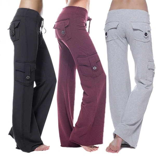 Women Loose Stretch Button Yoga Pants Wide Leg Sweatpants Bootleg Pants with Multi Pockets