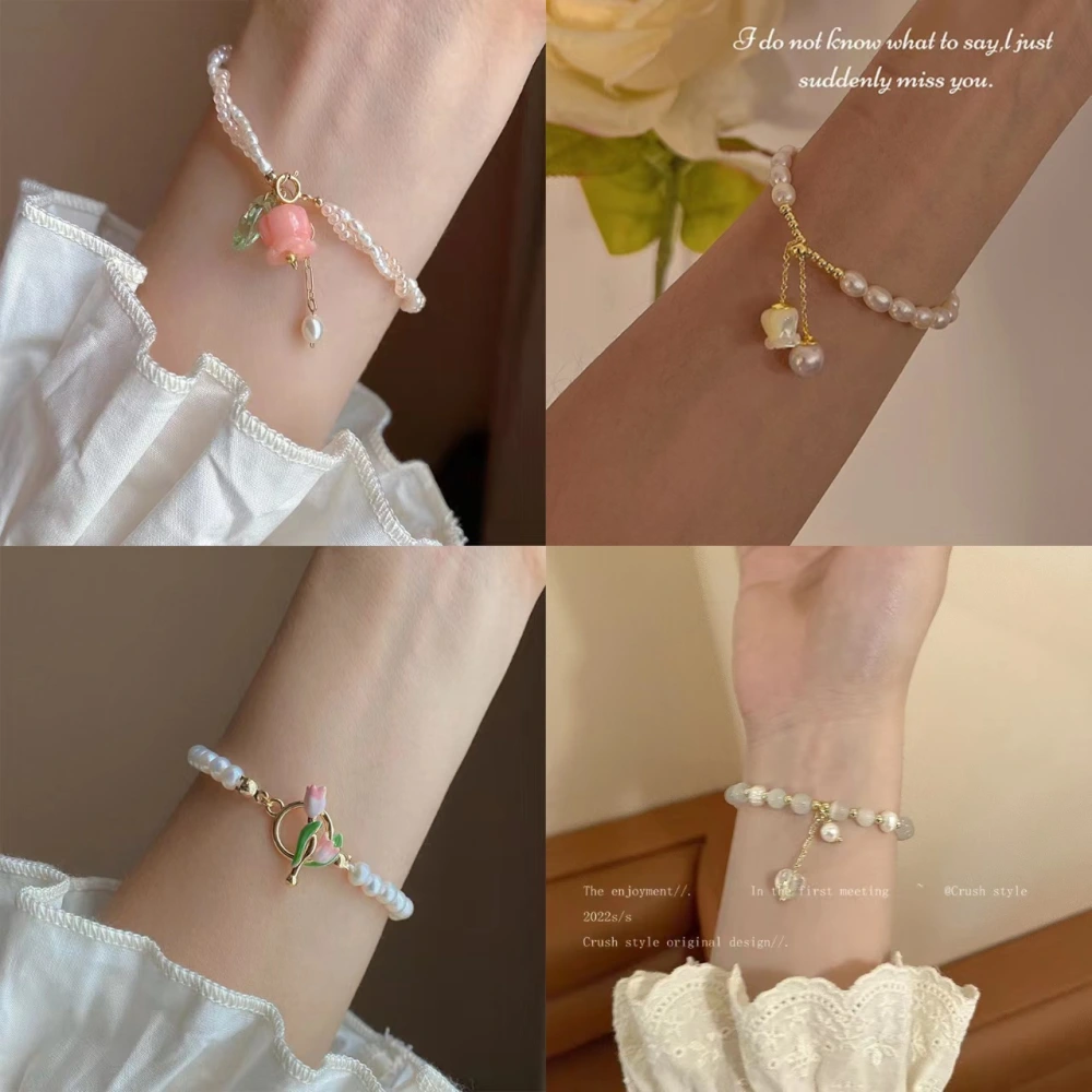 Baroque French gentle niche design cherry pink lily of the valley pearl bracelet for women