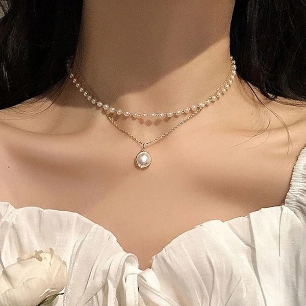 New Cute Double Layer Chain Golden Choker Necklace Women Korean Style Pearl Pendant Simple Necklace Fashion Jewelry Collar