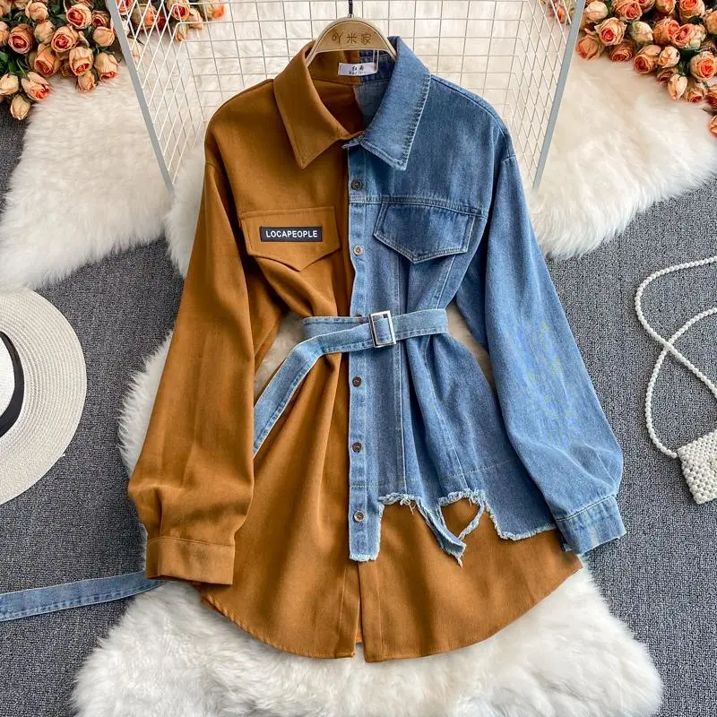 Denim Stitching Lapel Dress Autumn and Winter New Korean Style Waist Slim Irregular Mid-length Shirt Dress