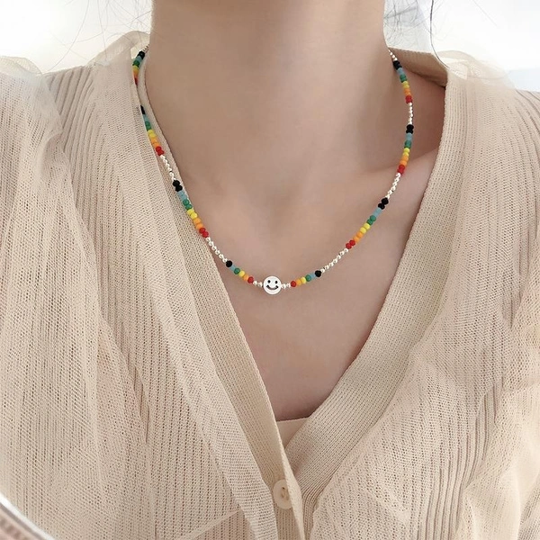 Sterling Silver Rainbow Smiley Beaded Necklace Women's Collarbone Chain