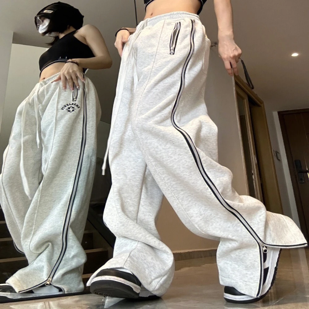 Vintage Zipper Wide-leg Pants Women's Casual Sports Mop Pants