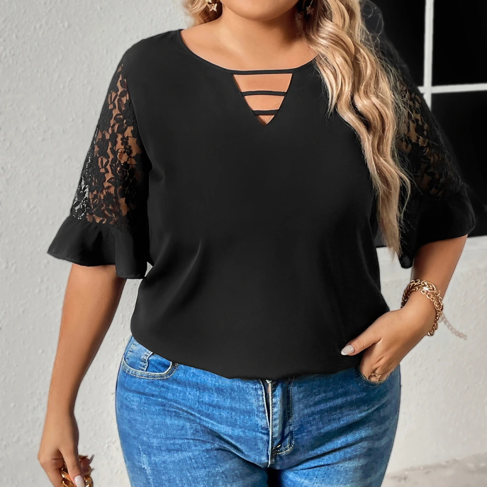 Women's Loose Pullover V-neck Lace Short-sleeved Top