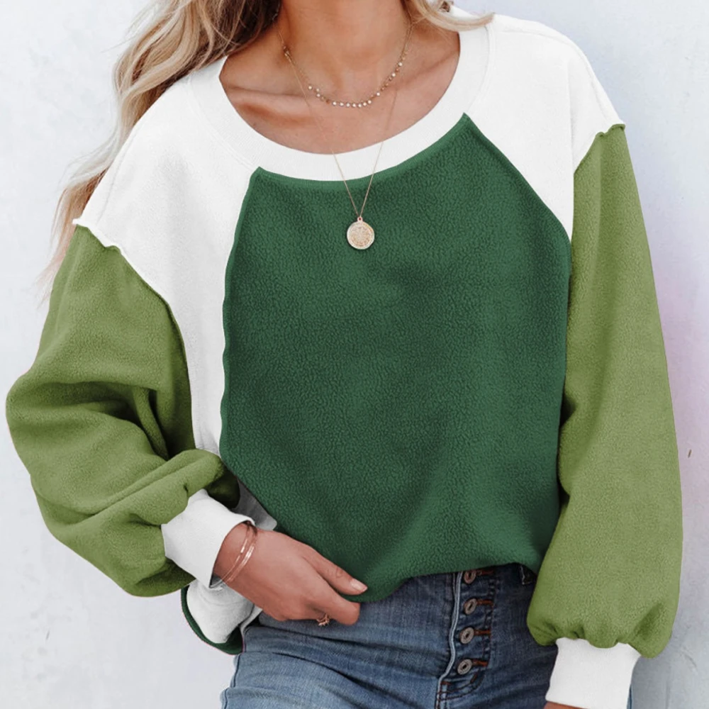 Fleece Lantern Sleeve Sweater Plush Contrast Color Long Sleeve Pullover Top