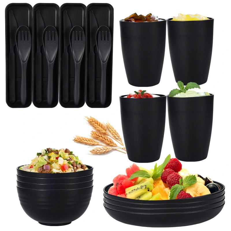 Black Wheat Straw Plate And Bowl Cup Knife Fork And Spoon Tableware Set