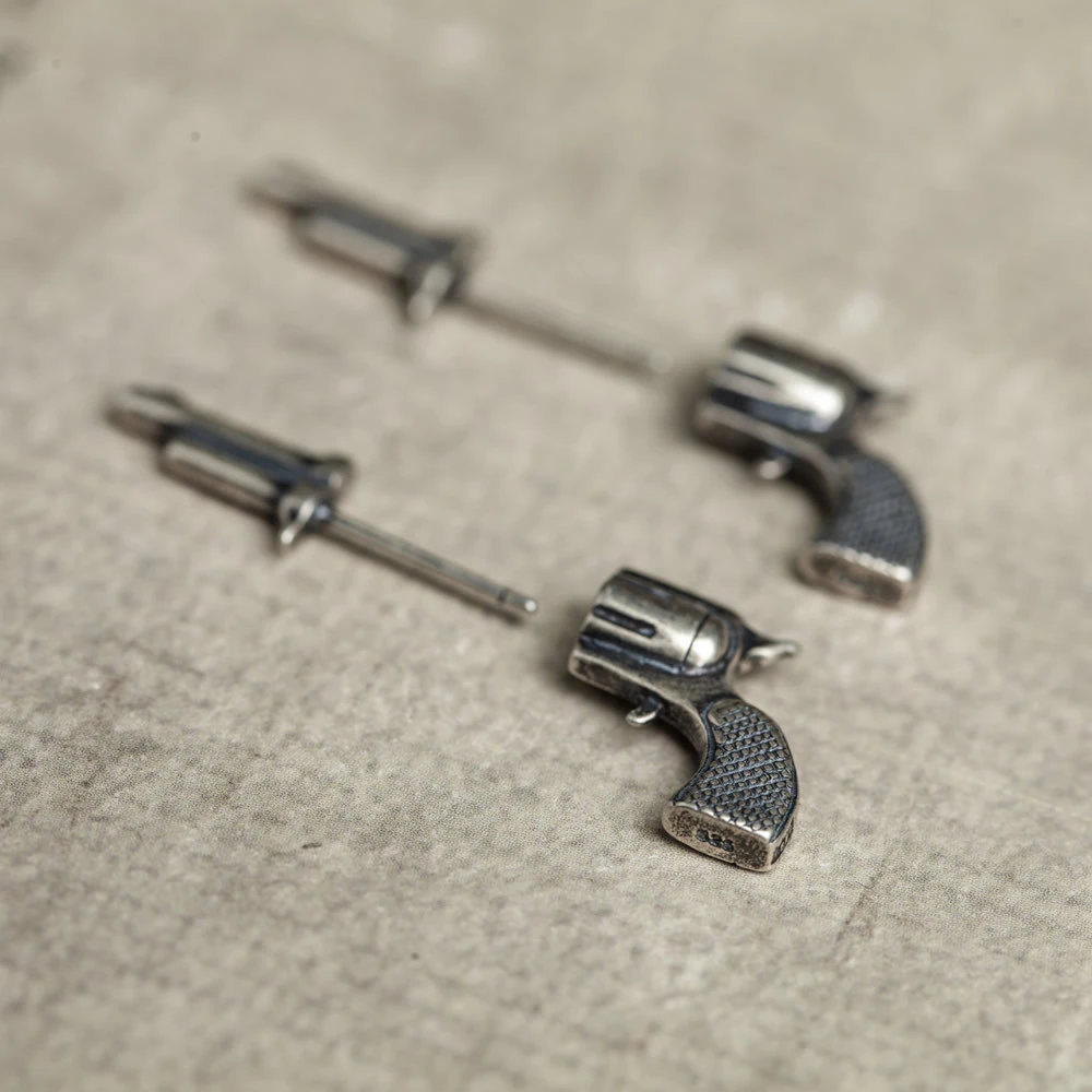 Sterling Silver Three-dimensional Miniature Pistol Earrings