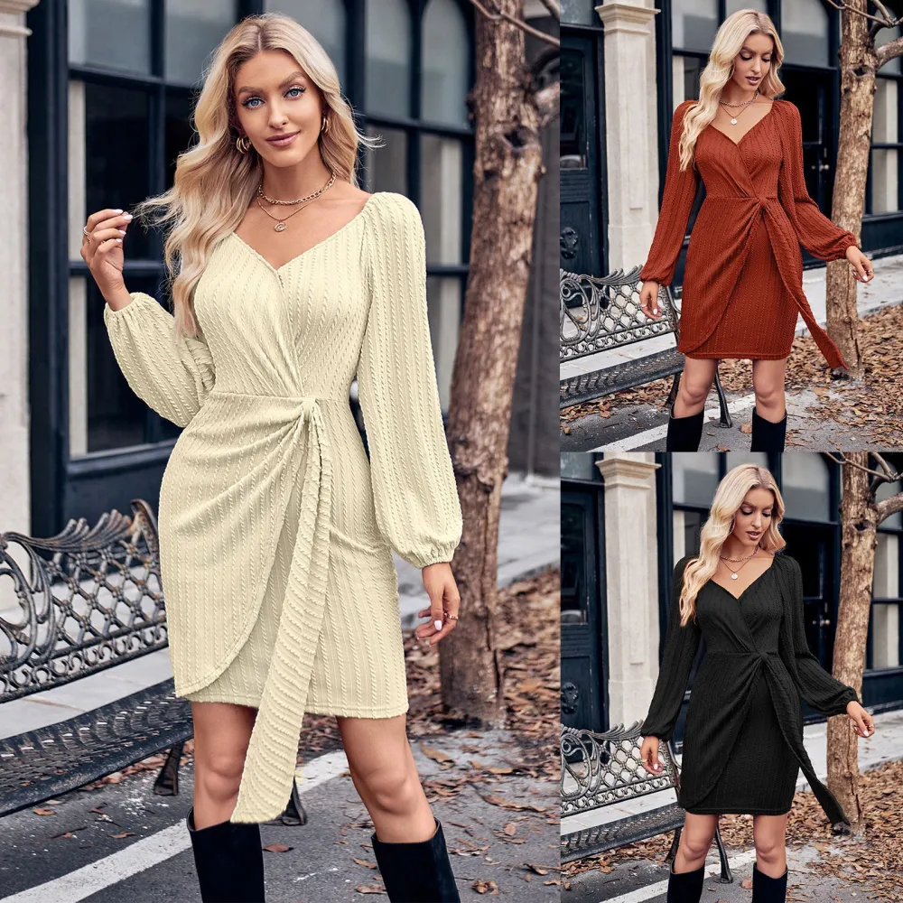 Solid Color And V-neck Slim Fit Women's Tie Waist Dress Women's