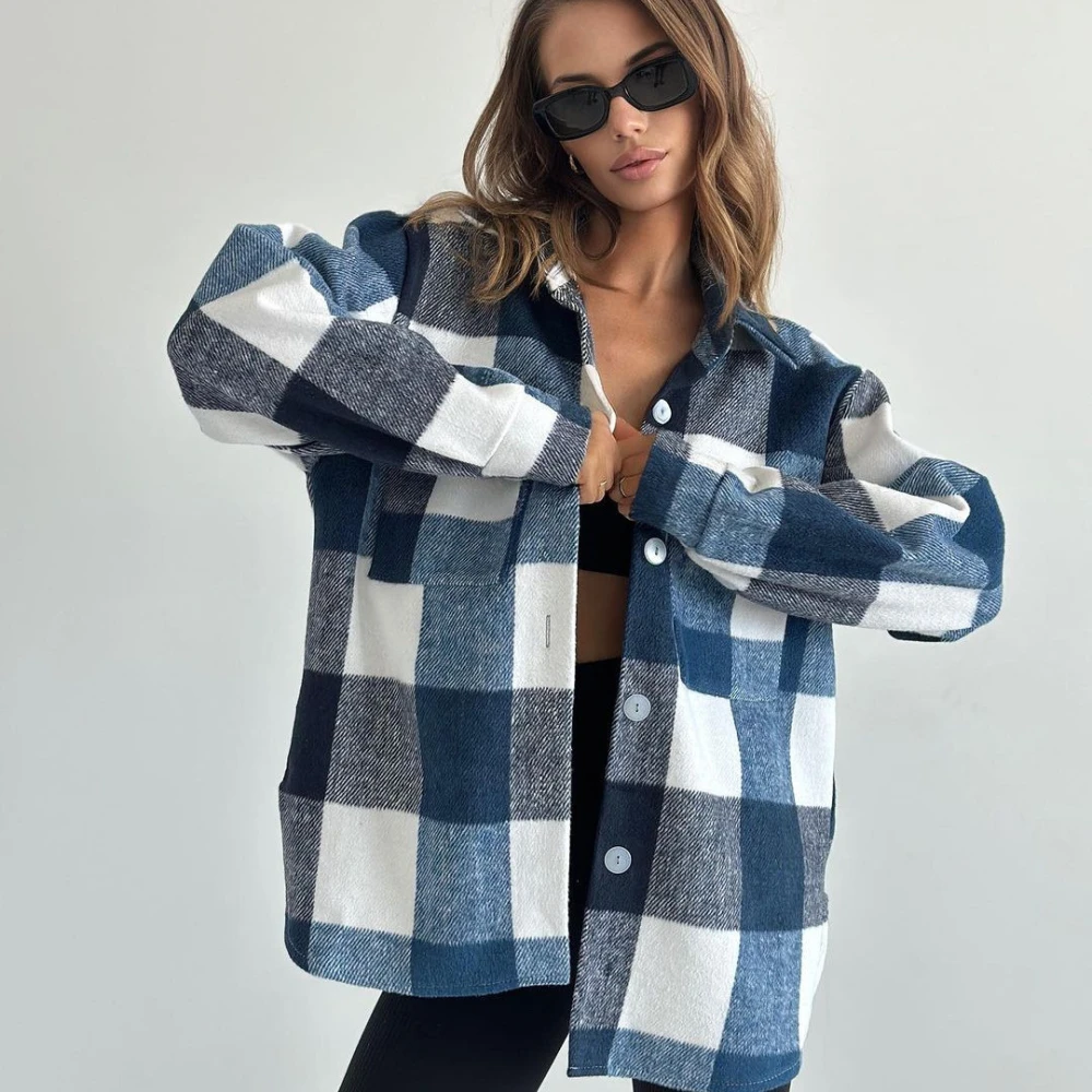 Casual Long-sleeved Cardigan Lapel Plaid Shirt For Women