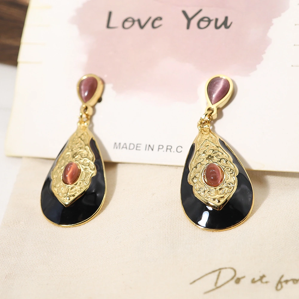 18K Gold-plated Titanium Steel Water Drop Exaggerated Earrings Carved Texture Inlaid Opal Stone Ear Studs