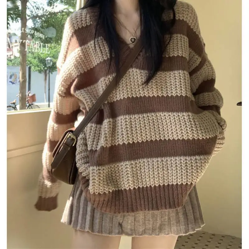 Women's V-neck Striped Sweater Autumn And Winter New