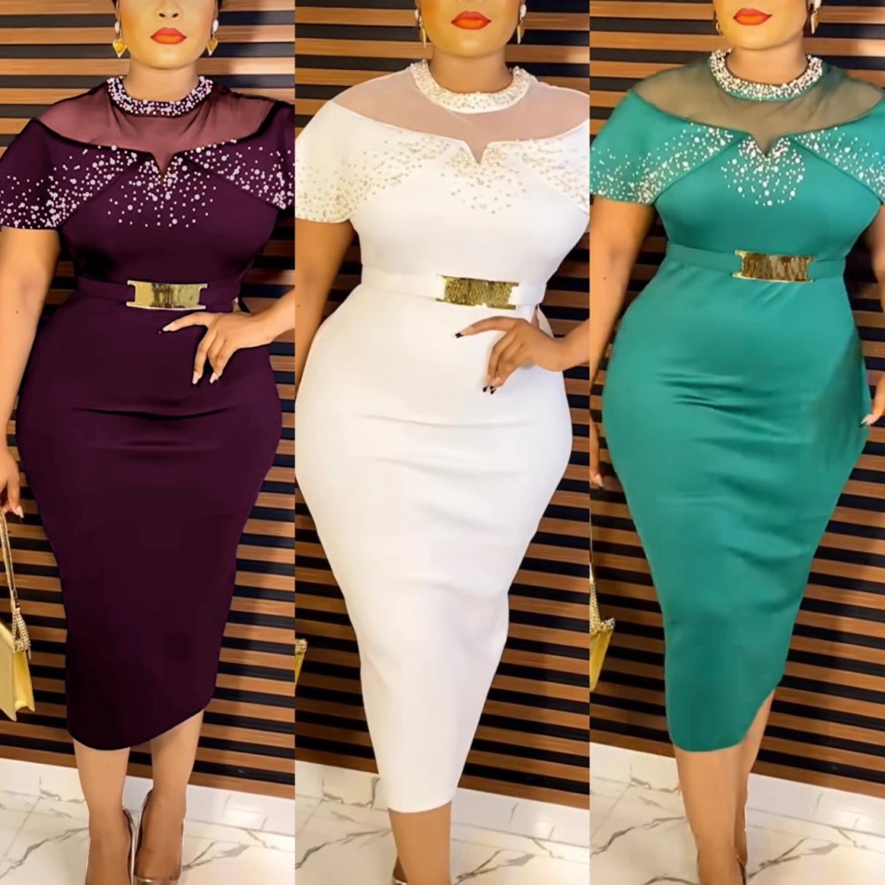 Heavy Industry Bubble Beads Fake Shawl Sleeve Stitching Mesh Elegant Slim Dress With Belt
