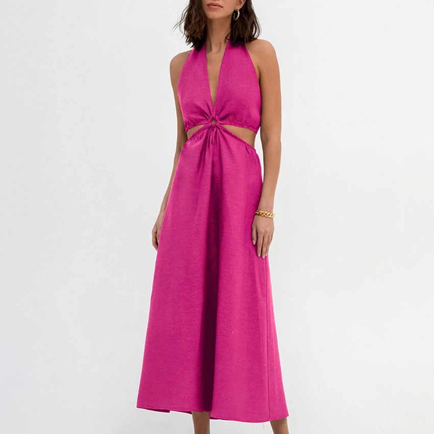 Women's Temperament Pure Color Slim-fit Deep V Dress