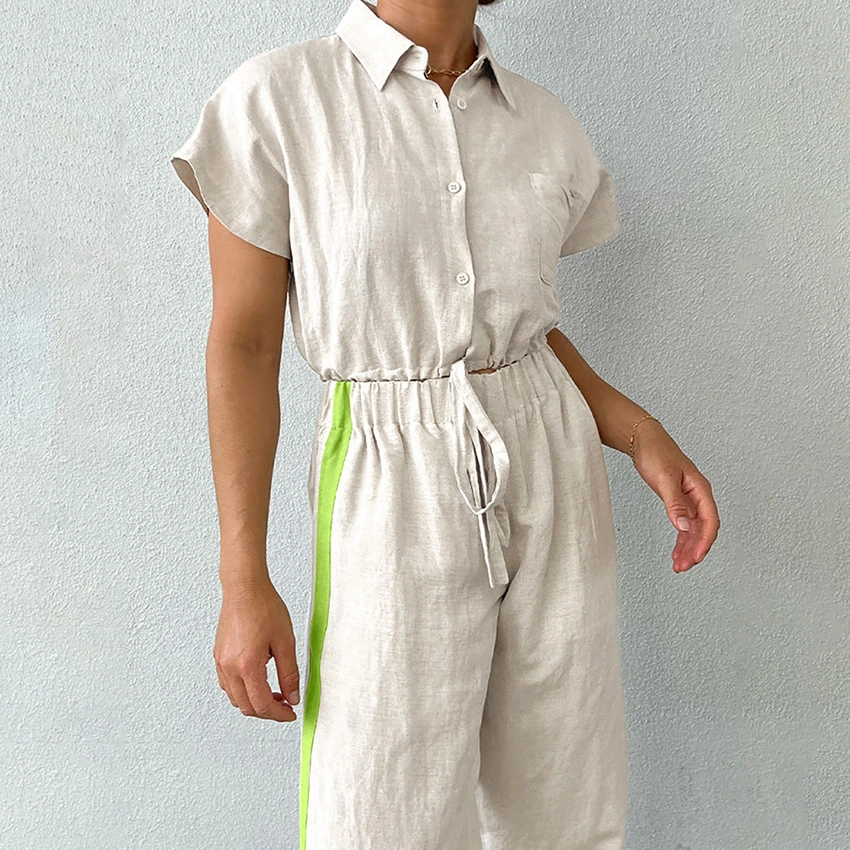 Women's Retro Loose Casual Lace-up Shirt Top High Waist Wide Leg Pants Suit