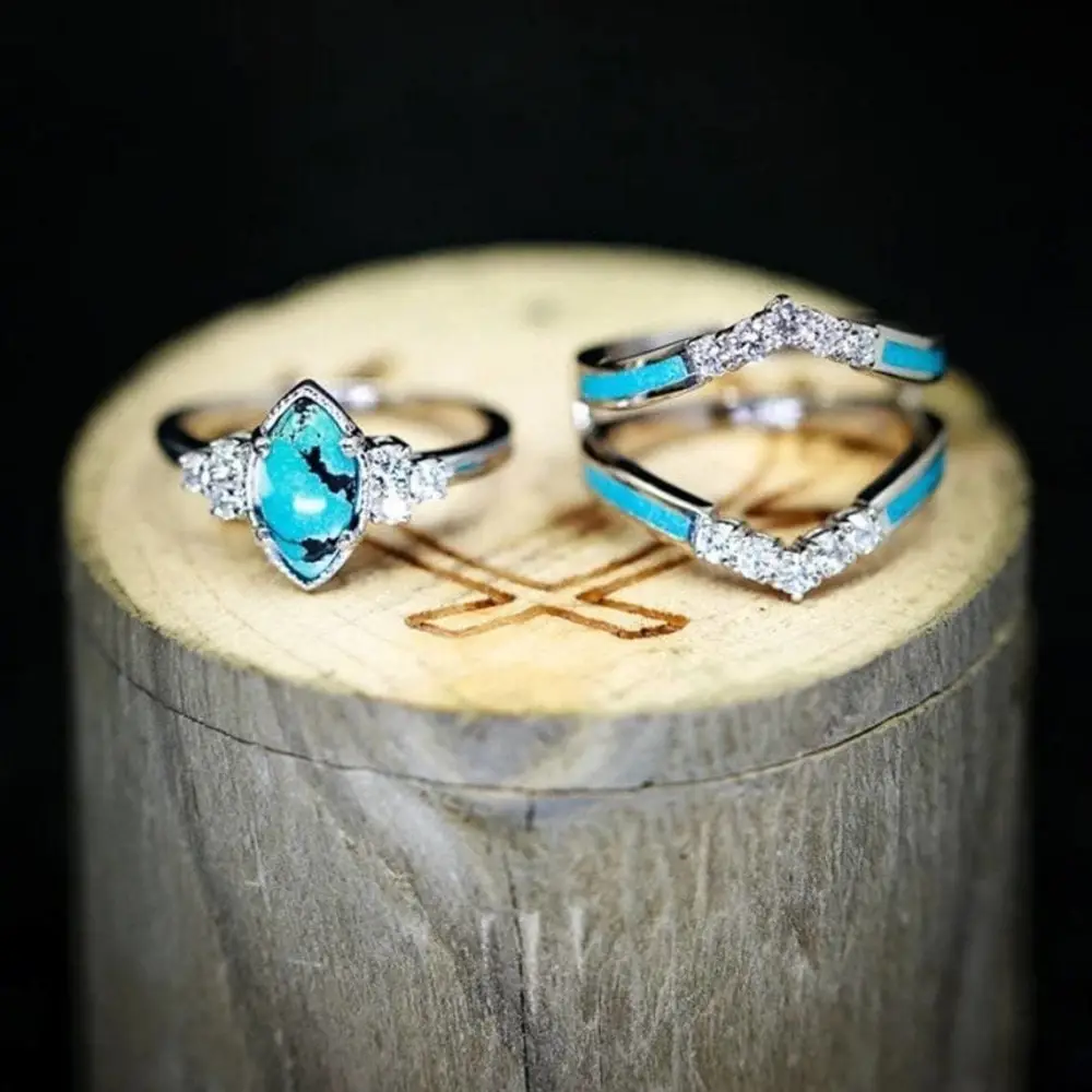 Retro Diamonds Turquoise Three-piece Ring Set