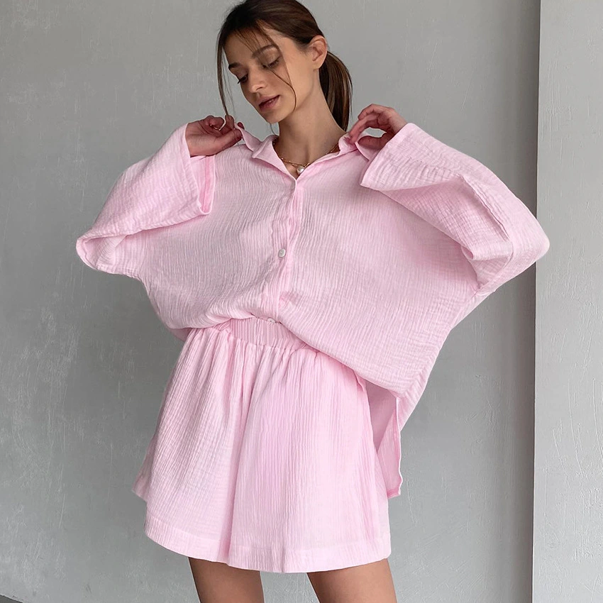 Women's Fashion Casual Cotton Long Sleeve Shirt Wide-leg Pants Suit