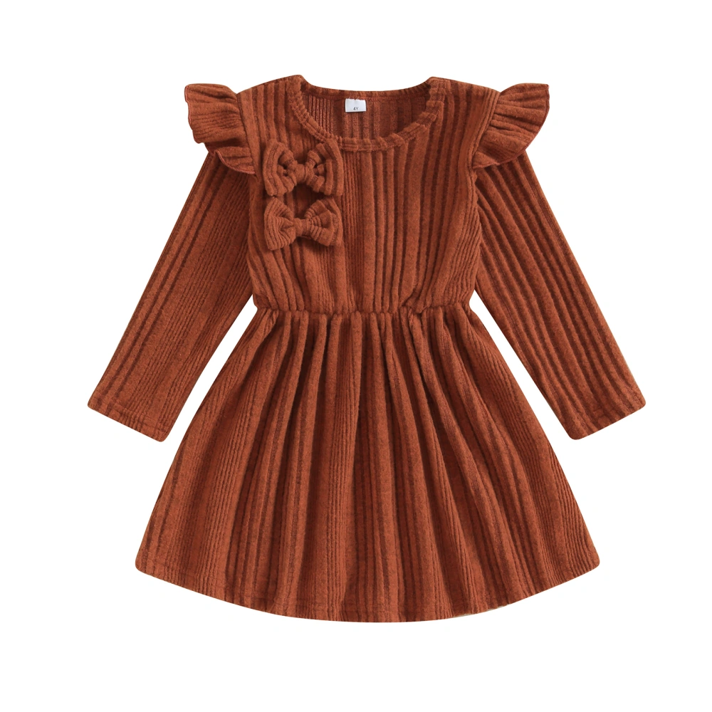 Girls Autumn Long Sleeve Crewneck Ruffle Knit Dress with Bow Decor