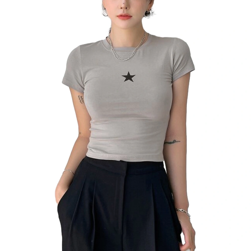 Women T-shirt, Crew Neck Short Sleeve Star Print Slim Fit Summer Tops