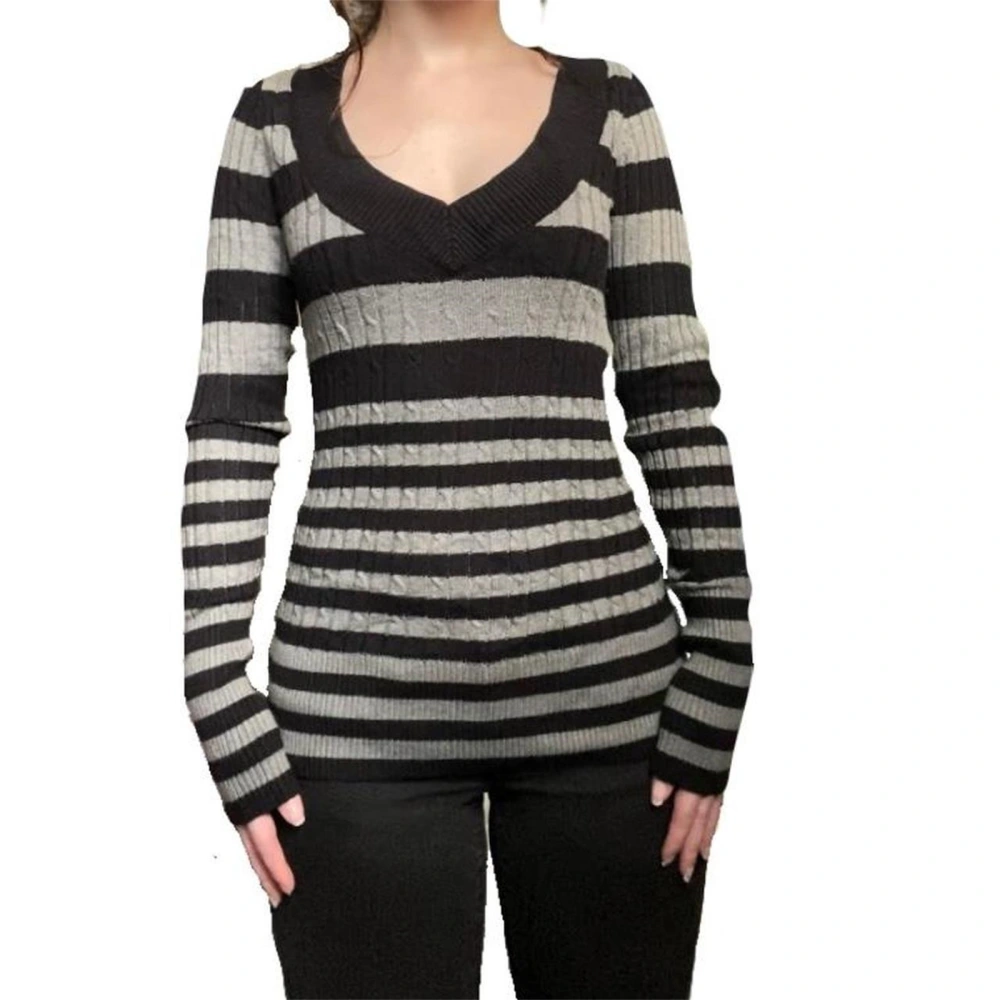 Women Long Sleeve Shirt Striped Print Knitted Basic Tops Pullover