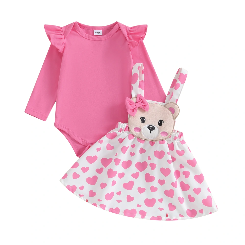 Baby Girl's Long Sleeve Ruffle Romper Heart Print Suspender Skirt Set