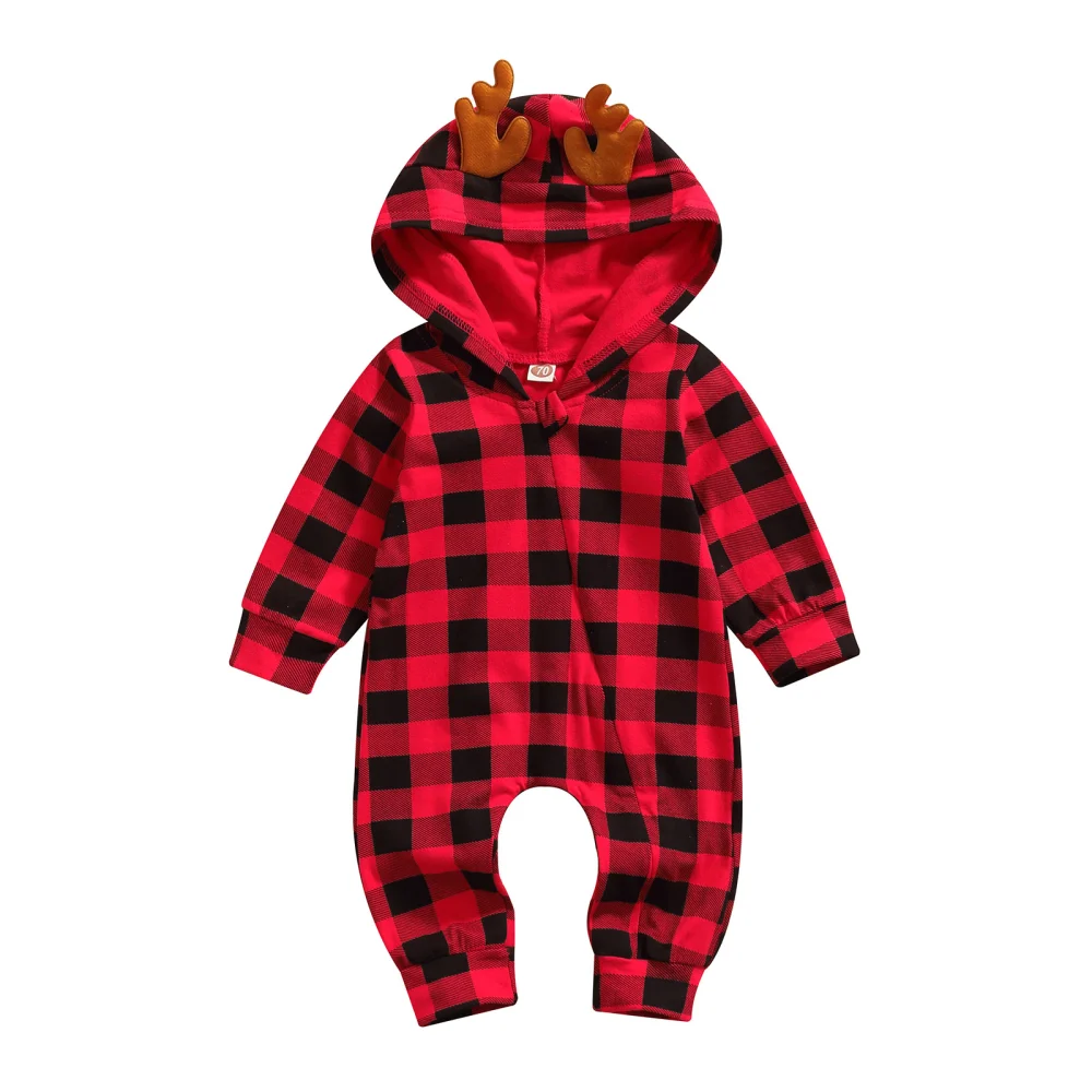 Baby Plaid Rompers Newborn Winter Christmas Long Hooded Bodysuit