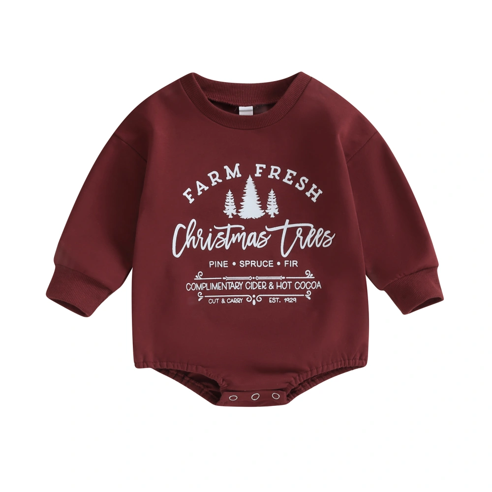 Baby Christmas Romper, Long Sleeve Letters Tree Print Fall Bodysuit