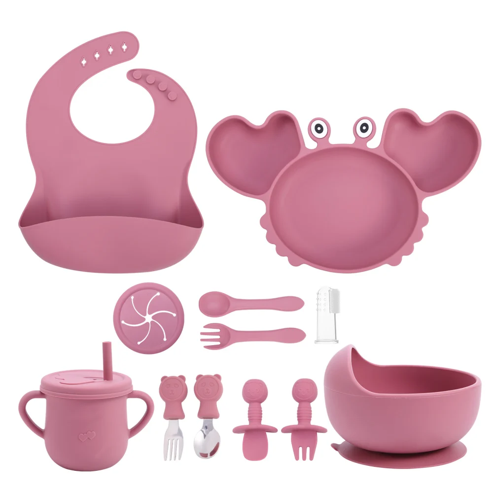 Silicone Baby Feeding Set Divided Plate Bib Suction Bowl Snack Cup